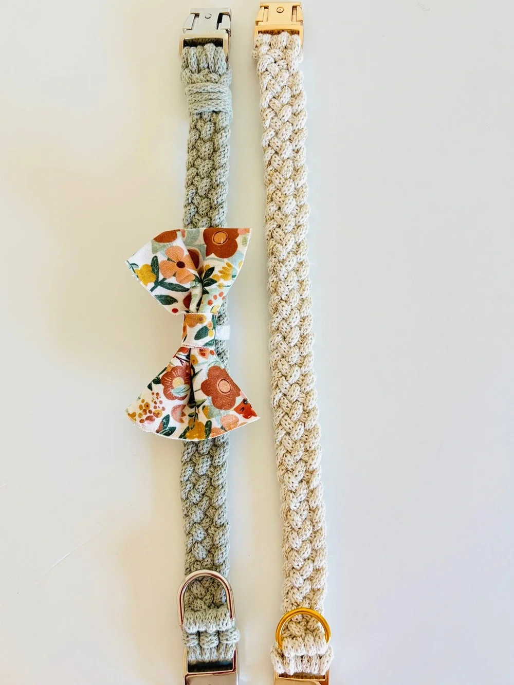 Matching Sage Green & Cream Cotton Dog Collar Set